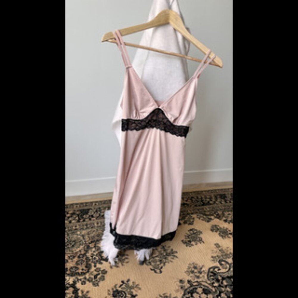 La Vie en Rose Pink Satin Slip Dress with Black Lace Trim - Size S/P